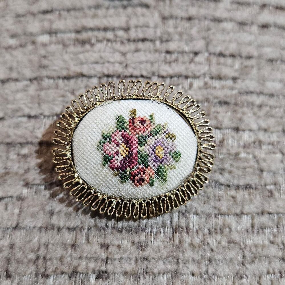 vintage coquette cottagecore needlepoint floral brooch